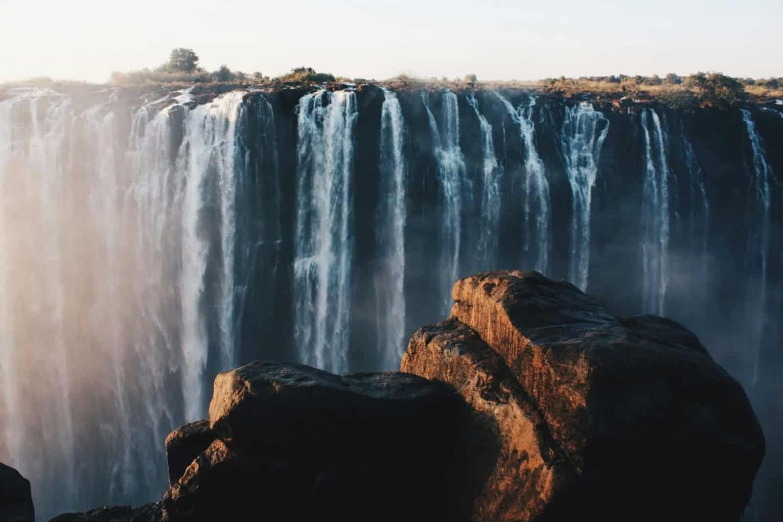 The Victoria Falls on the Zambezi, on the border between Zambia and Zimbabwe