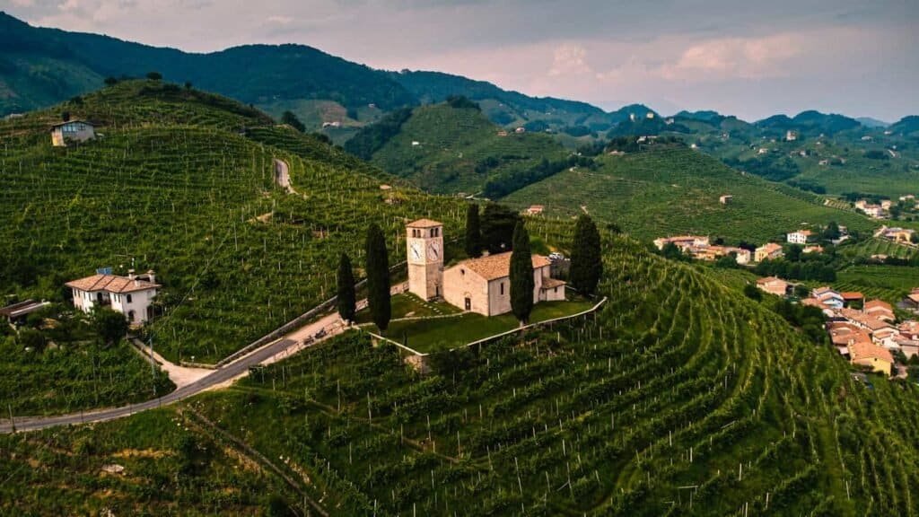 Terraced vineyards in the UNESCO-listed Prosecco hills of Conegliano and Valdobbiadene