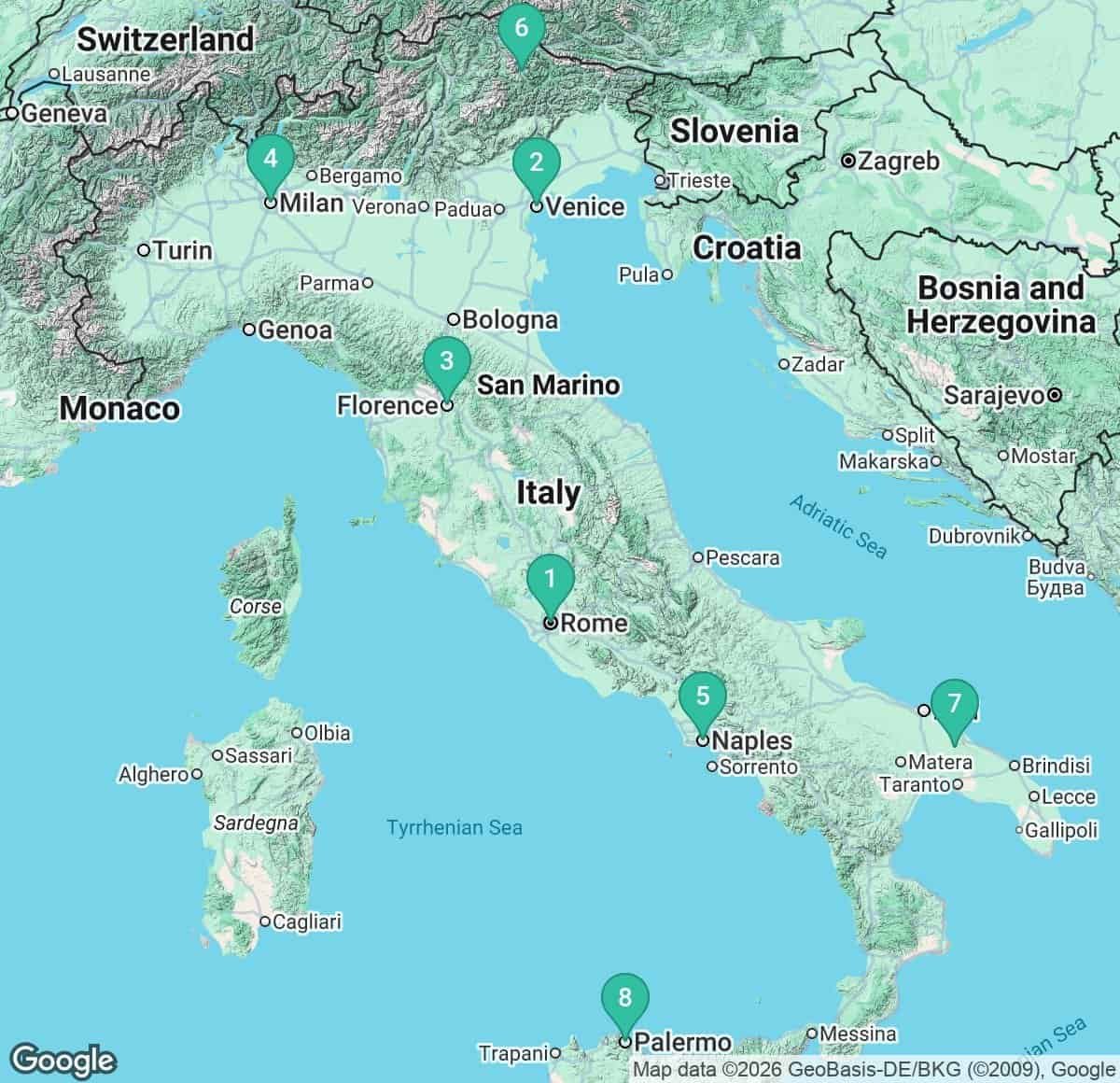 Terrain map of Italy marking Rome, Venice, Florence, Milan, Naples, Cortina d Ampezzo, Alberobello and Palermo