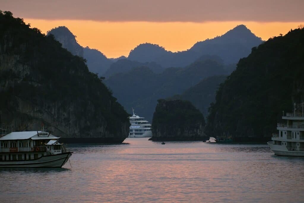 Limestone karst islands rising from the water in Ha Long Bay, northern Vietnam
