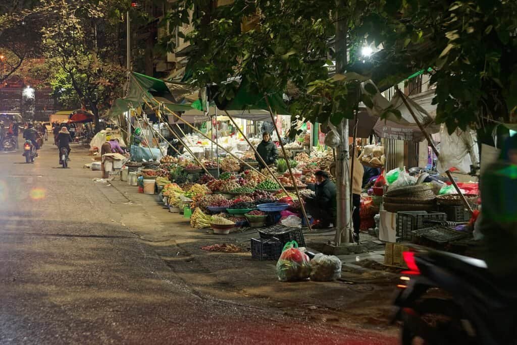 Market street in the Old Quarter of Hanoi, Vietnam